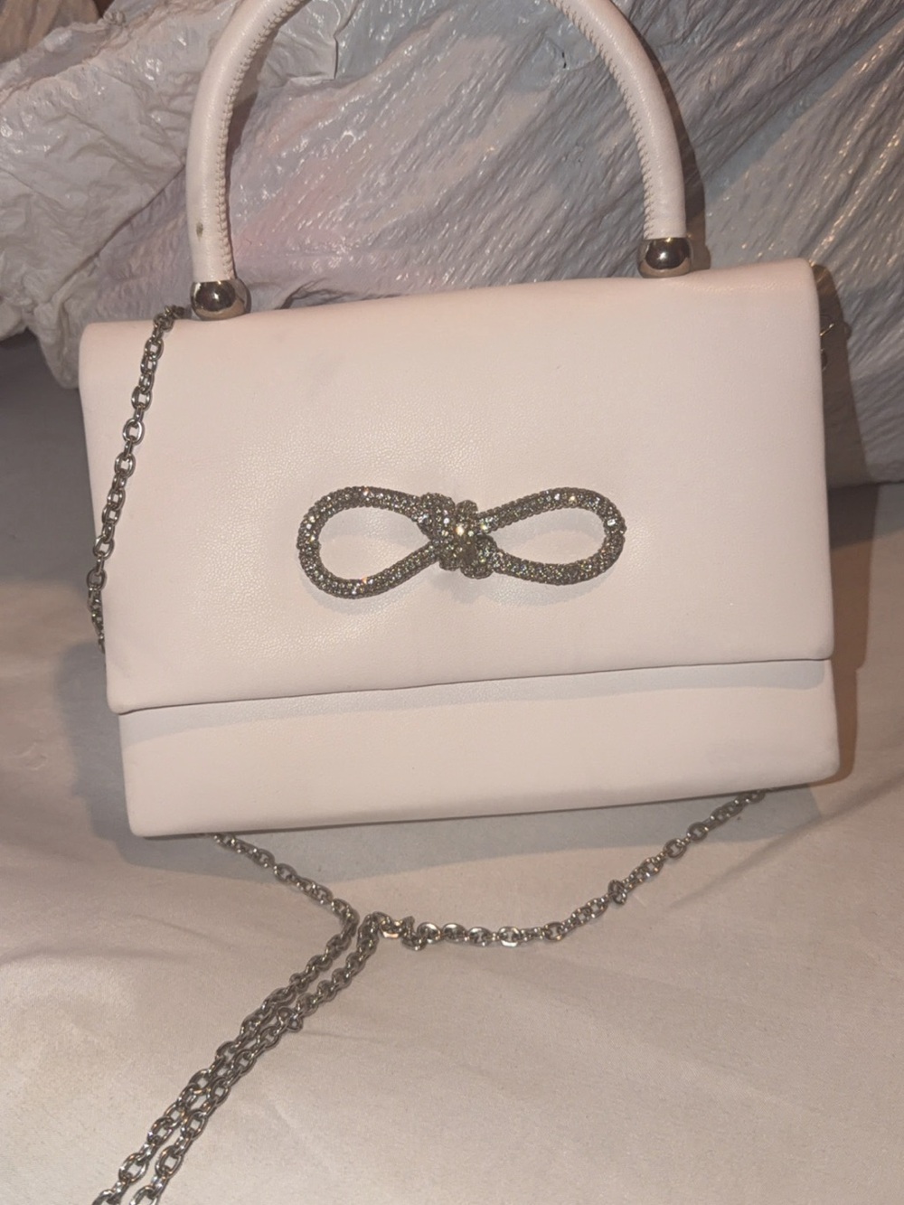 White Top-Handle Crossbody Bag with Crystal Bow Accent